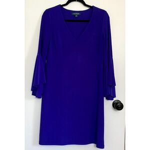 Lauren Ralph Lauren Dark Royal Blue Bell Sleeve Dress Size 6 V-Neck Elegant Shif